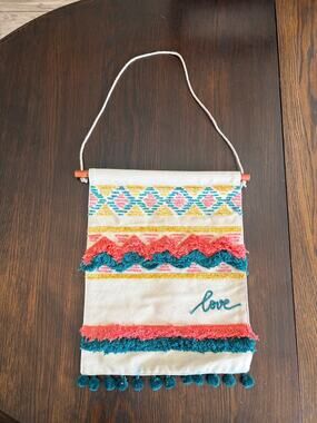 Primitives by Kathy Boho Wall Hanging Love Embroidered Tassel Pom Pom Decor